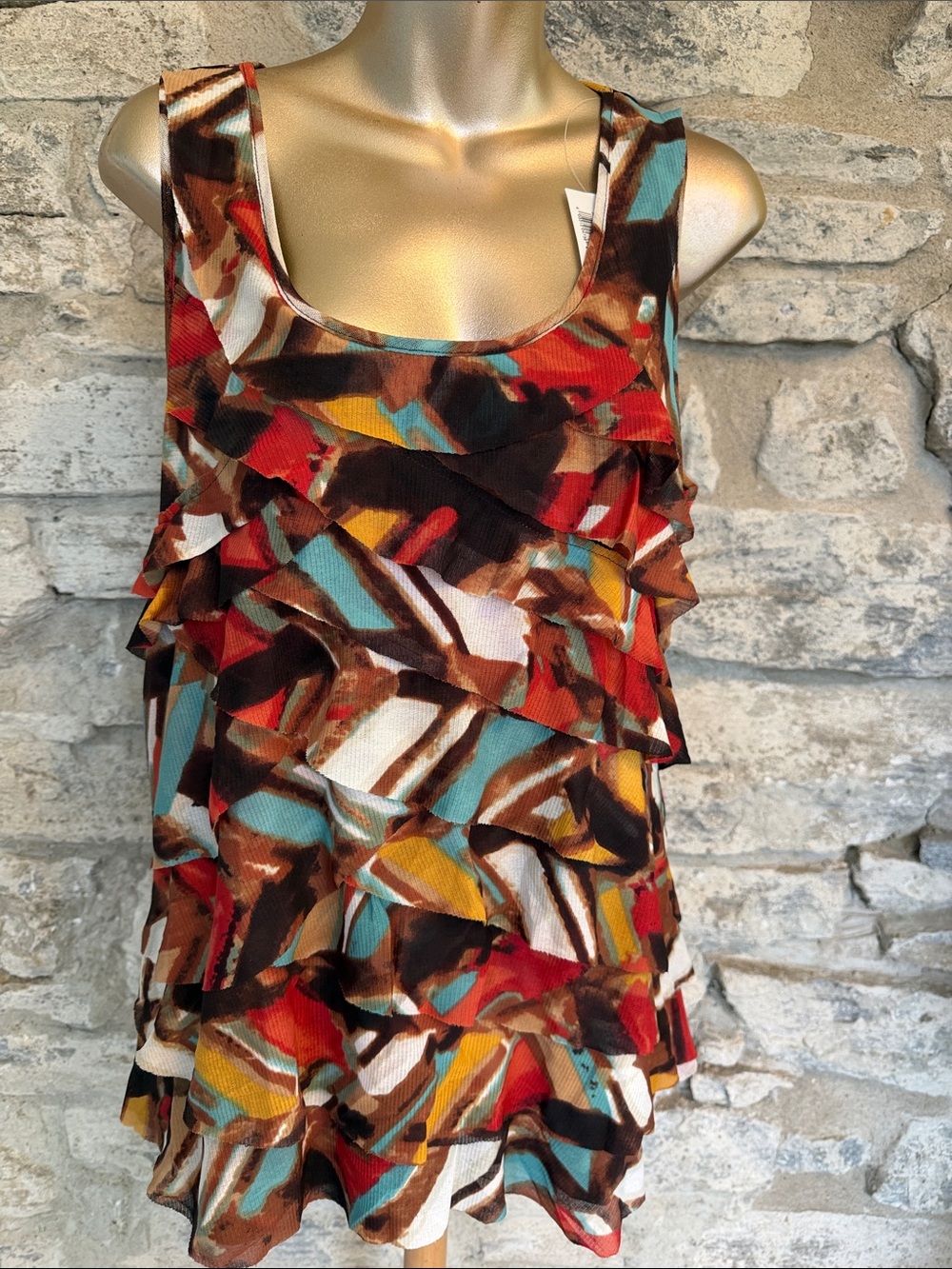 Ruffled Tank Top in Multicolor Abstract Print